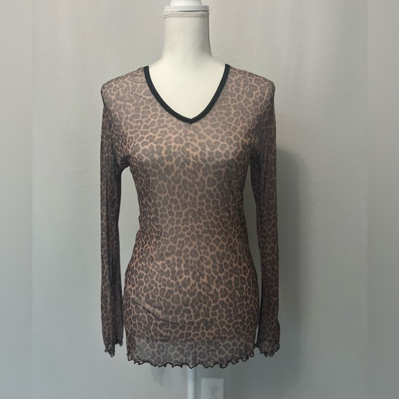 Tops - Leopard Print Mesh Long Sleeve V-Neck Top
